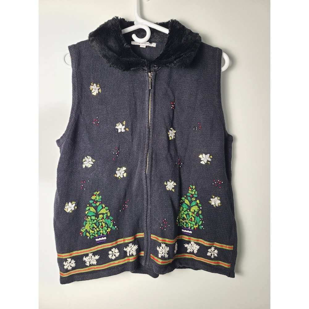 Mercer Street Studio Christmas Holiday Sweater Vest Faux Fur Collar Black‎ Large